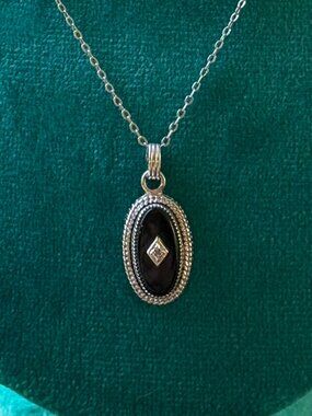 Art Deco Revival Onyx and Chip Diamond Pendant Necklace 1/20 12K GF